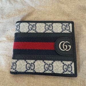 Gucci Ophidia GG Men Beige and Blue Supreme Web Bifold Wallet